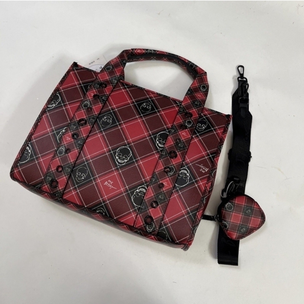 ❤️🔹️BETSEY JOHNSON🔹️ red Plaid Skull Tote w/ coin pouch XOLOLO - Picture 8 of 12